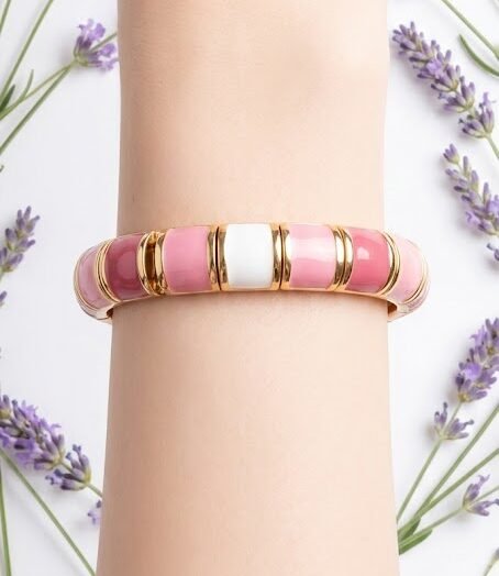 Enamel6 Pink Aesthetic Broad Interlock Bangle - Image 1